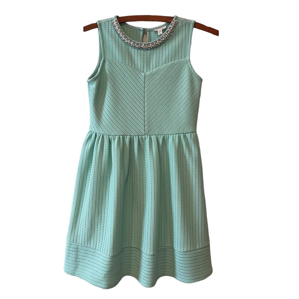 Monteau mint green rhinestone and pearl neckline mini dress L